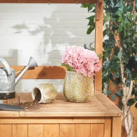 Vintage Leaf Design Cement Flower Pot Set of 2 - Decorative Planters for Indoor and Outdoor Gardens