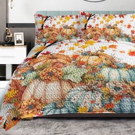 3 Pieces Colorful Oil Painting Pumpkin Pattern Quilt Set Twin Full Queen King Size For All Seasons Flower Fall Leaves Bedding Set With 2 Pillowca (Option: Queen-Orange)