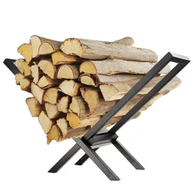 Firewood Log Rack 220LBS Steel Wood Lumber Storage Stacking Rack X Shape Storage Holder For Fireplace Firepit (Color: Black)